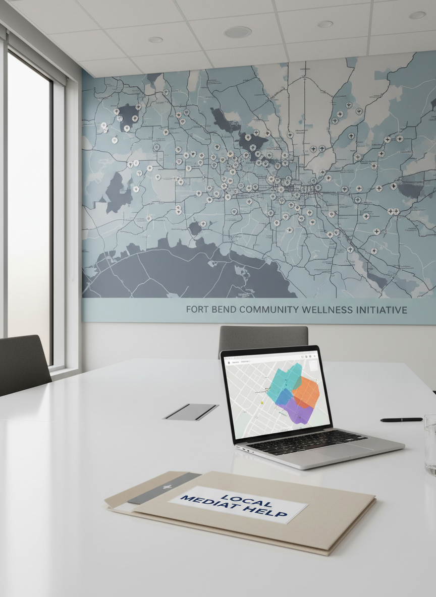 A large, wall-mounted map of Fort Bend County in muted blues and grays dominates a modern conference room wall, with small, neatly placed pins marking key healthcare and assistance locations. In the foreground, a smooth white conference table holds an open folder labeled “Local Medical Debt Help,” along with a slim silver laptop displaying a simple, colorful map overlay of service areas. Soft, diffused daylight filters through frosted glass windows, creating even, gentle illumination without harsh shadows. Photographed with a wide-angle lens and sharp focus throughout, the composition emphasizes the connection between geography and access to resources. The mood is strategic, transparent, and community-focused, rendered in clean, professional photographic realism.