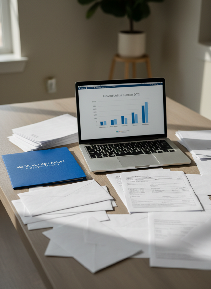 A neatly organized kitchen table transformed into a medical bill review station, covered with crisp white envelopes, itemized statements, and a sleek silver laptop displaying a clear bar graph of reduced medical expenses. A smooth wooden tabletop in a neutral oak tone stretches across the frame, with a simple blue folder labeled “Medical Debt Relief – Fort Bend County” prominently placed. Soft daylight from an unseen nearby window gently illuminates the documents, creating subtle shadows along the paper edges. Shot from a slightly elevated, eye-level angle with photographic realism and a shallow depth of field, the background fades into a softly blurred, calm interior. The mood is professional, reassuring, and focused on clarity in healthcare billing.