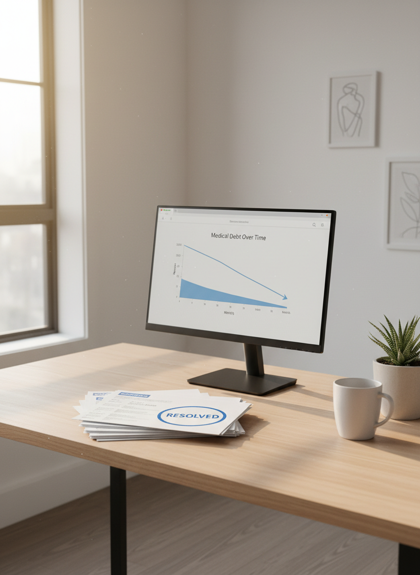 A calm, minimalist home office scene featuring a light ash wood desk holding a neatly stacked pile of paid medical bills stamped “Resolved” in bold, reassuring blue ink. Beside the bills, a simple white ceramic mug sits near a small potted green plant, adding a touch of life and hope. On a thin, modern monitor, a dashboard shows a downward trend line of medical debt over time with clear, labeled axes. Soft afternoon light washes in from a nearby window, casting gentle, elongated shadows and a warm, peaceful glow. Shot from a slightly elevated angle in photographic realism, the composition uses the rule of thirds to draw attention to the “Resolved” stamps, conveying relief, stability, and financial recovery.
