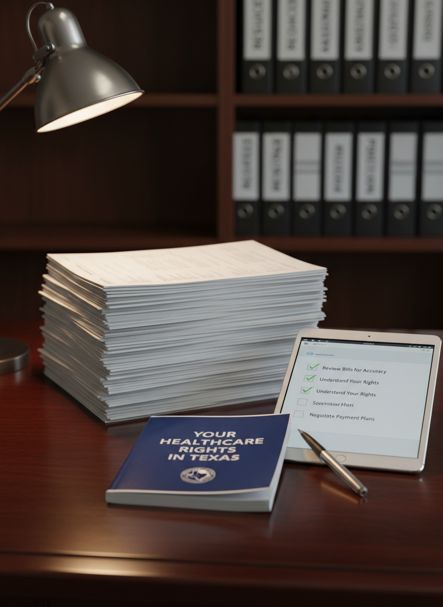 A close-up of a polished, dark wood office desk with a stack of neatly aligned medical forms, a government booklet titled “Your Healthcare Rights in Texas,” and a modern tablet showing a clean, easy-to-read checklist of steps to manage medical debt. A small, understated metal desk lamp casts warm, focused light across the paperwork, creating gentle highlights on the glossy booklet cover and soft shadows behind the pen resting on top. In the background, a blurred bookshelf with organized binders labeled “Resources,” “Assistance,” and “Protection” suggests comprehensive support. Captured at eye level with photographic realism and a balanced composition, the atmosphere feels organized, empowering, and trustworthy.