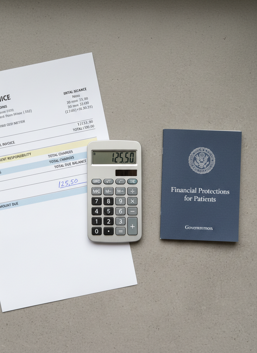 A detailed close-up of a medical invoice laid flat on a muted gray surface, with key sections highlighted in pale blue and yellow, alongside a sleek, silver calculator displaying a reduced total balance. Next to the invoice lies a small, official-looking government pamphlet titled “Financial Protections for Patients,” its textured paper cover in muted navy with an embossed seal. Soft, overcast window light from the left creates smooth, shadowless illumination, enhancing legibility of every printed line and number. Captured from directly above in sharp photographic realism, the composition is clean and uncluttered, evoking clarity, transparency, and control over complex healthcare costs, ideal for illustrating how resources simplify overwhelming medical bills.