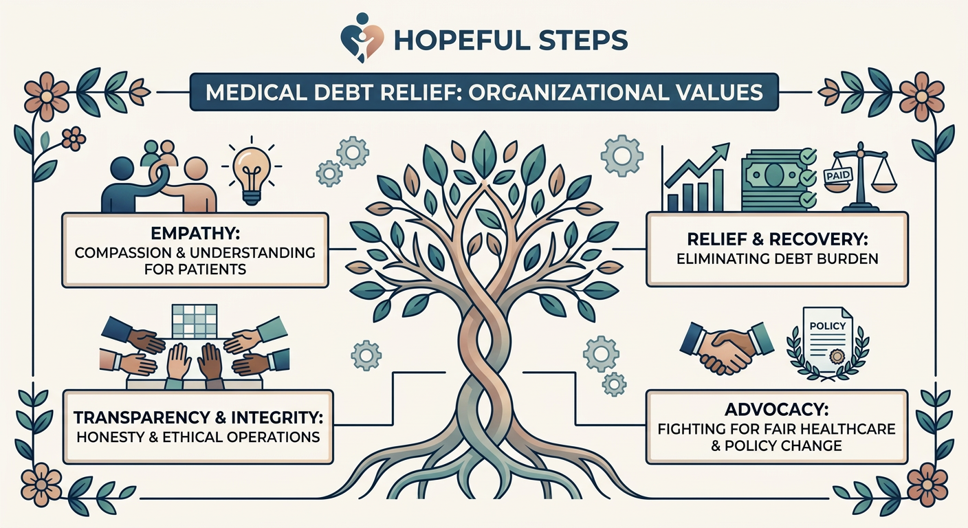 Illustration showing Hopeful Steps medical debt relief organizational values including empathy, transparency, advocacy, and relief.